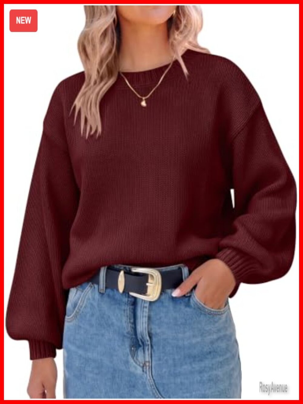 Oversized Knit Sweater Crew Neck Lantern Sleeve Pullover